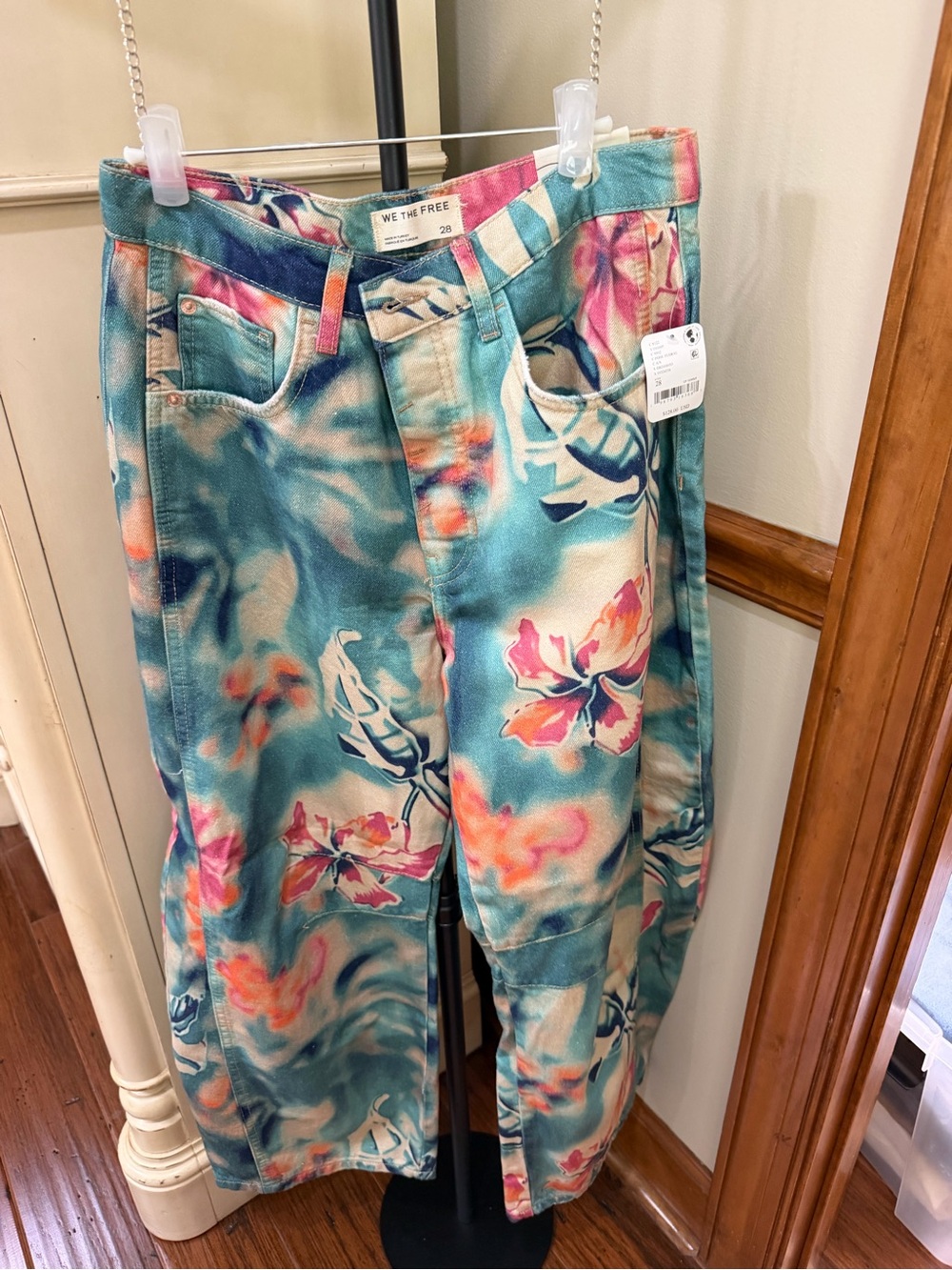 Free People Teal and Pink Floral Wide-Leg Jeans